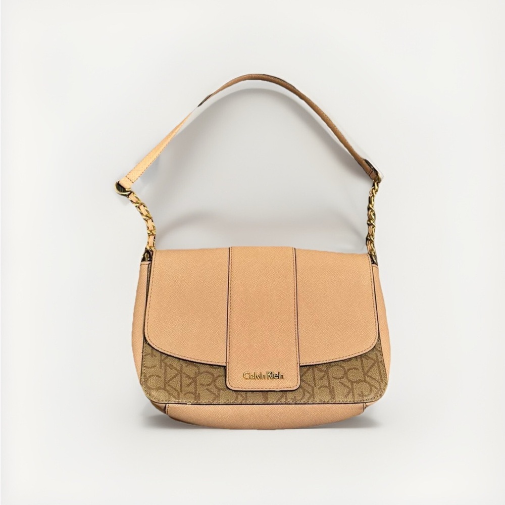 Calvin Klein Vintage Pink Leather Shoulder Purse Handbag w Metal Detail Strap